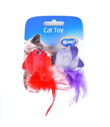 DUVO GATO PAJARO CON PLUMAS 13X10X3.5CM 2und