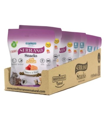 MDT SERRANO SNACK GATO HAIRBALL SALMON Y ATUN 50GR