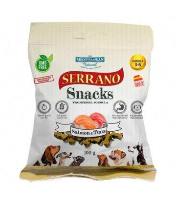 MDT SERRANO SNACK PERROS SALMON Y ATUN 85GR