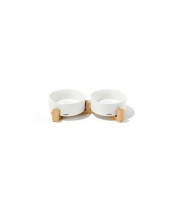 COMEDERO CERAMICA Y PIE DE BAMBOO BLANCO 2X350ML